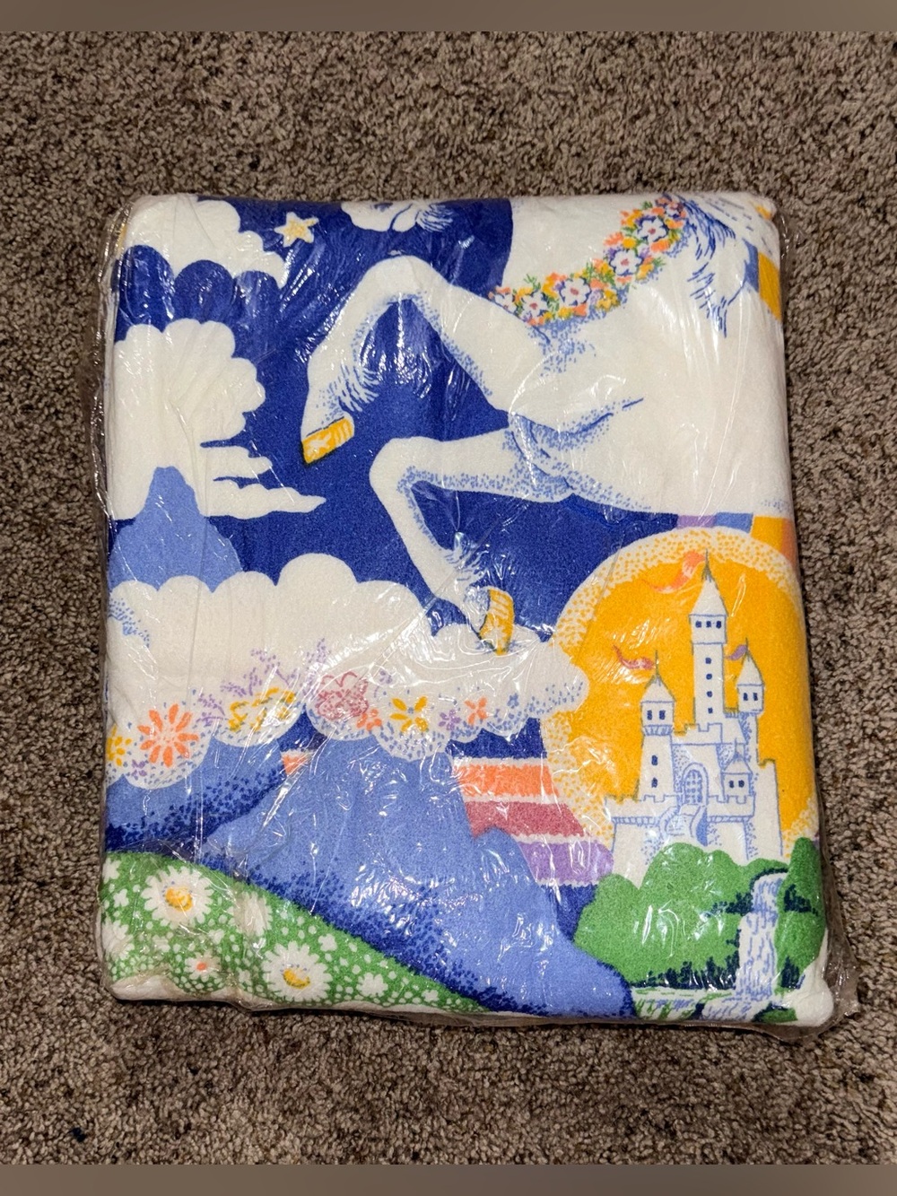 Vtg Unicorn Blanket NOS Sealed Twin/Full USA Fantasy Pegasus Rainbow Castle 90s